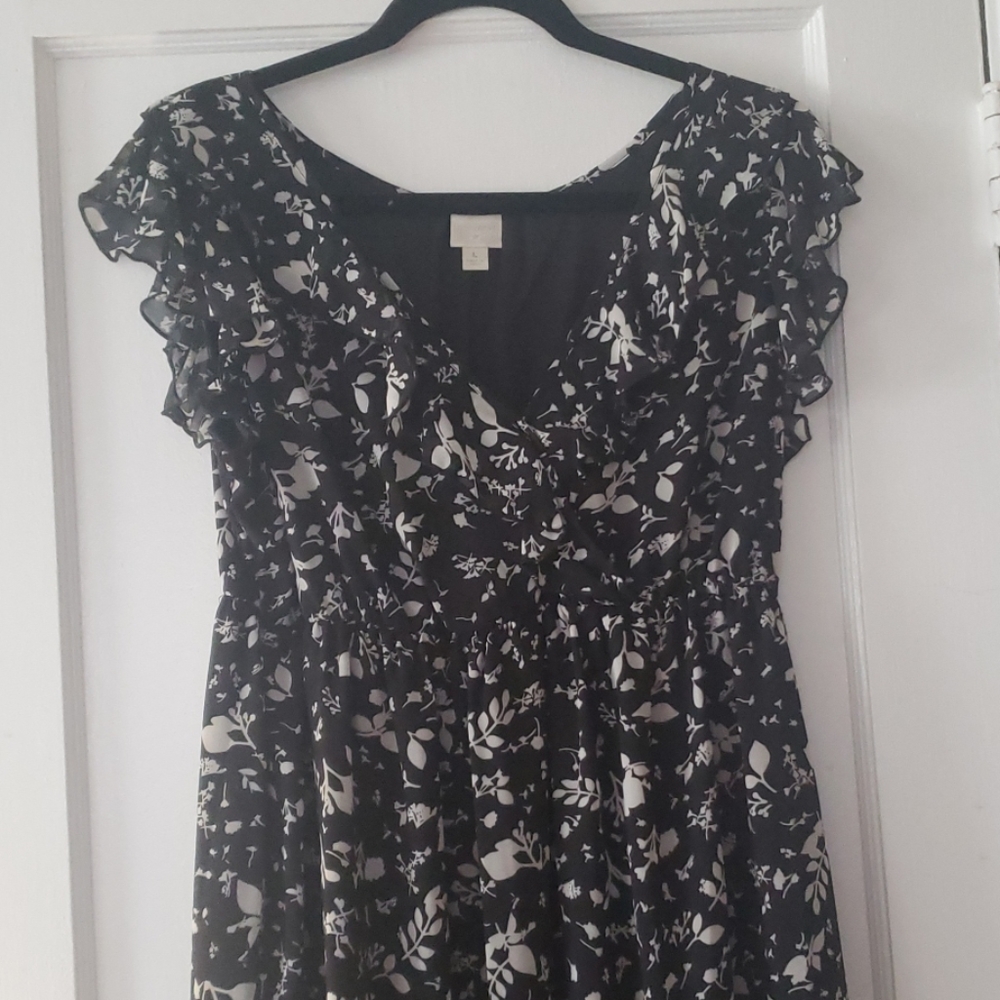 Black short dress with white floral pattern